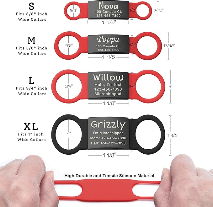 Anavia Slide On Silent Pet ID Tags, S/M/L/XL Personalized Black Stainless Steel Colored Silicone Cat Dog Name Tag, Customized Engraved Nameplate, Quiet Chew-Proof Pet Collar Tag (Red, Large)