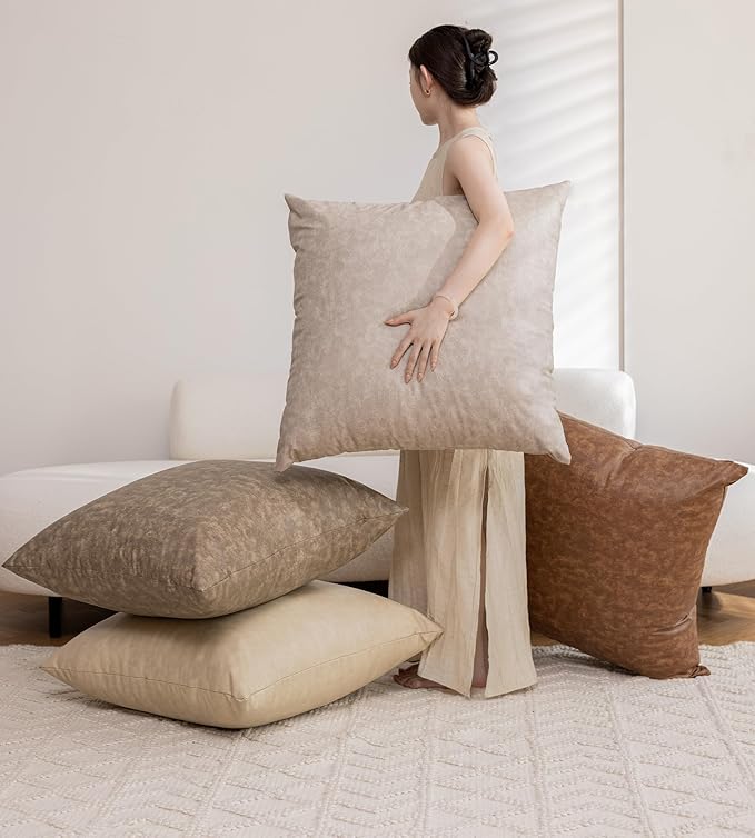Pack of 4 Oversized Faux Leather Neutral Decorative Throw Pillow Covers 26x26 inch, Soft Modern Boho Luxury Waterproof Floor Cushion Cases, for Outdoor Lounge Sofa Couch Bed Home Decor