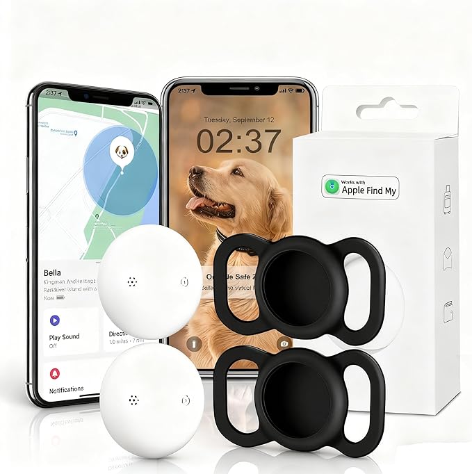 VB GPS Tracker for Dogs (2 Pack), Mini GPS Cat Tracker, Smart Pet Activity Tracker (iOS Only), No Monthly Fee, Compatible with Apple Find My, Anti-Lost, Finder Tag for Vehicles/Pets/Kids/Items