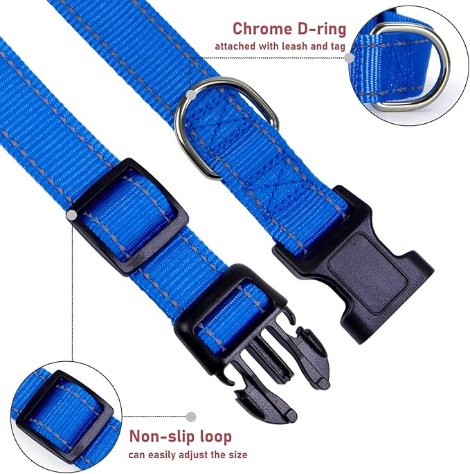 Reflective Dog Collar with Buckle Adjustable Safety Nylon Collars for Small Medium Large Dogs, Navy Blue S