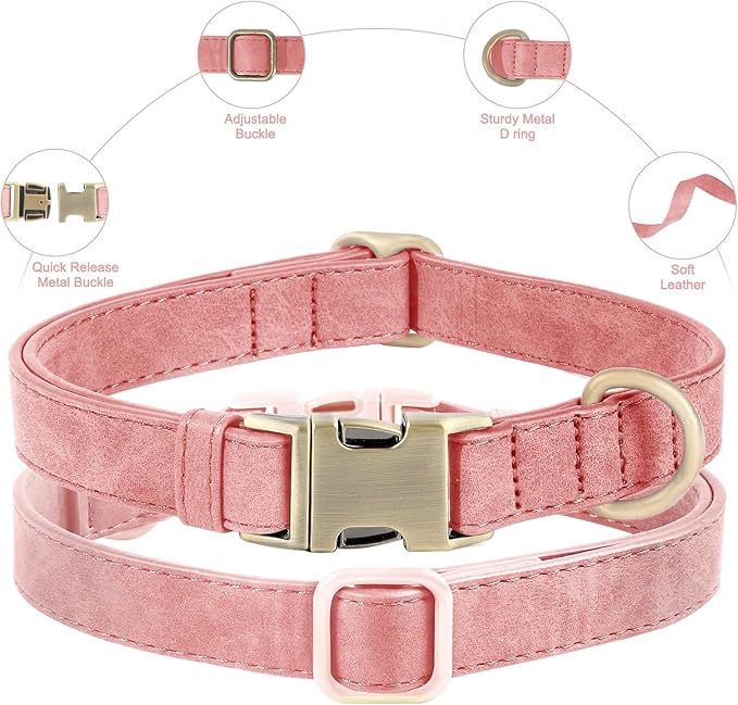 Genuine Leather Dog Collar - Adjustable Pet Collar with Quick Release Metal Buckle, Soft Skin Friendly Real Leather Collar for Small, Medium, Large Dogs (Pink, L：Fit 15-23" Neck)