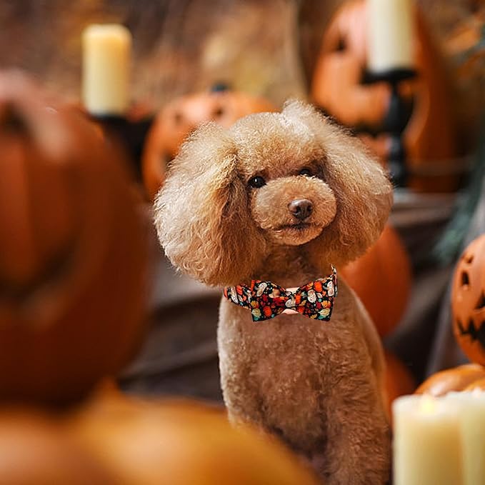 Fall Dog Collar, Leaf Pumpkin Print Adjustable Pet Collar Cute Cotton Soft Collars with Bow Tie Metal Buckle Holiday Puppy Collars Boy&Girl Gift for X-Large Dogs