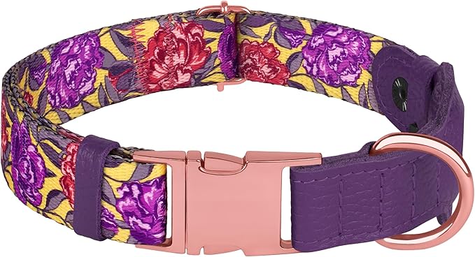 AirTag Dog Collar for Small Medium Large Breed - Adjustable Cute Pattern Dog Collar with Airtag Holder - Soft Leather Tracker GPS Apple Air Tag Pet Collars (Large, 17"-21" Neck Fit, Peonies)