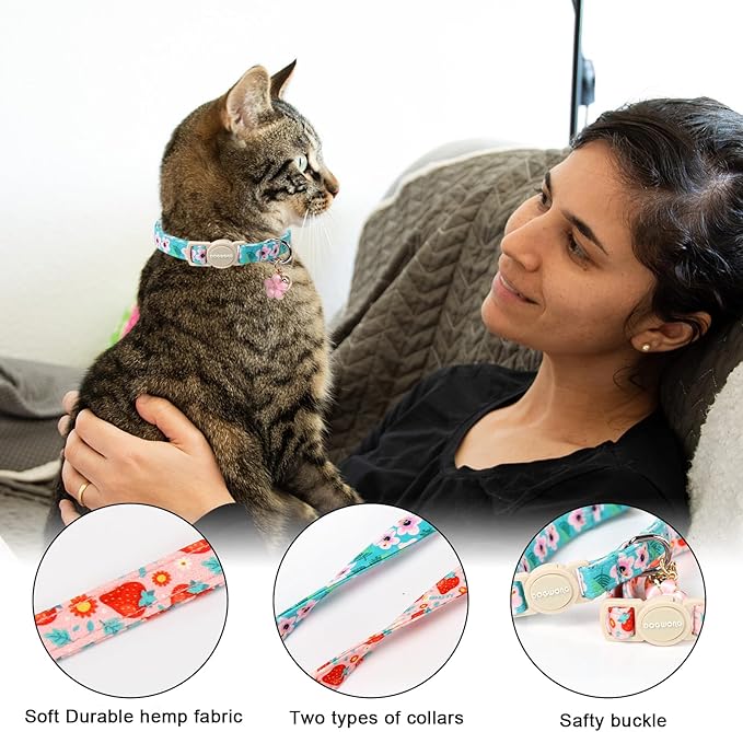Cat Collar,2 Pack Pink Flower Cat Collars Breakaway with Bell, DOGWONG Safety Buckle Pink Flower Cat Collar for Girl Female Cats，Adjustable 7-12 Inch