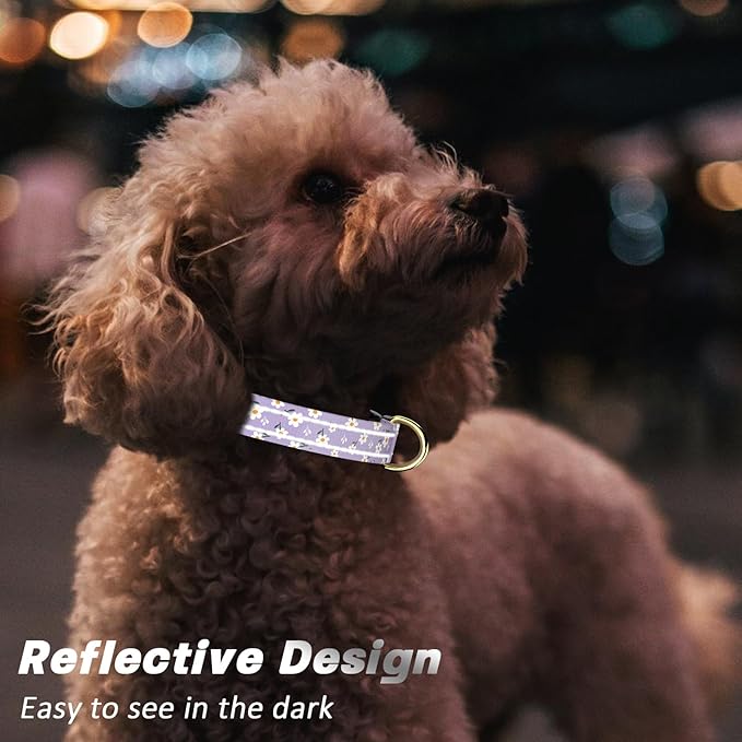 Reflective Dog Collar for Small Dogs, Cute Flower Theme Adjustable Heavy-Duty Nylon Puppy Collar for Boy and Girl Female, Soft Pet Accessories with Quick Release Buckle, Purple White