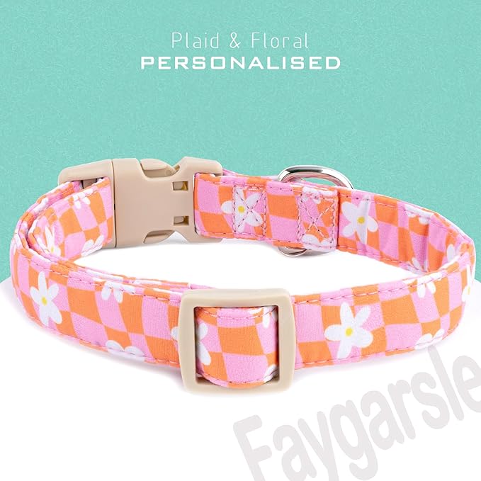 Faygarsle Floral Dog Collar, Pink and Orange Pattern with White Flowers, Spring Summer Design for Small Medium Large Dogs M