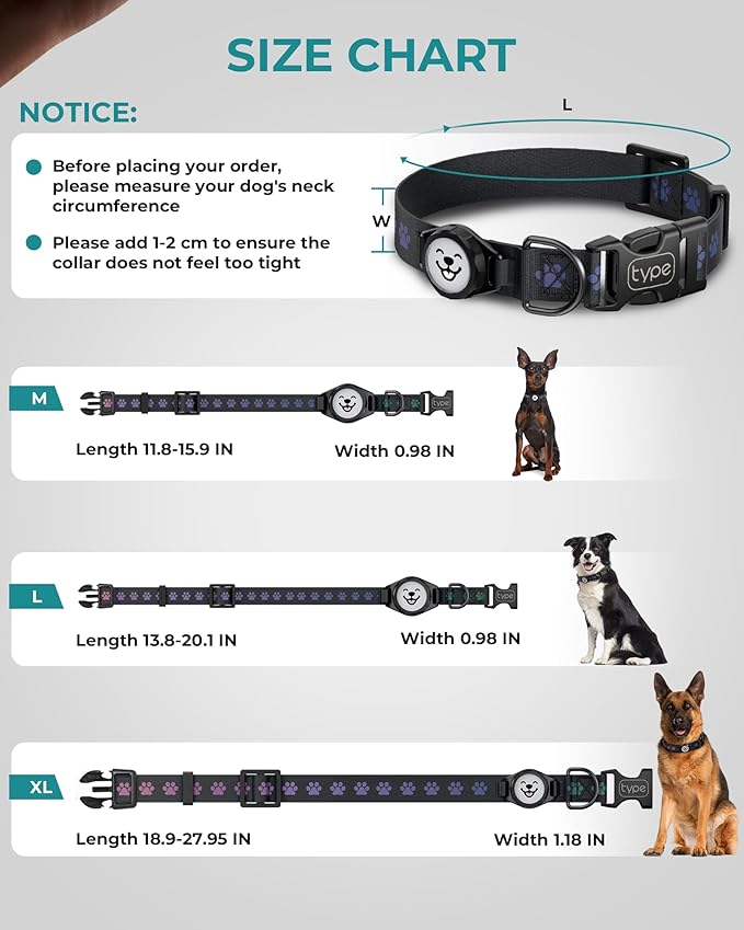 Dog Collar with Airtag Holder, IP67 Waterproof Reflective AirTag Dog Collars for Medium & Large Dogs, Adjustable Pet Collar with Twist-Lock Holder & Green Glow for Night (XL, 18.1"-27.95", Black)
