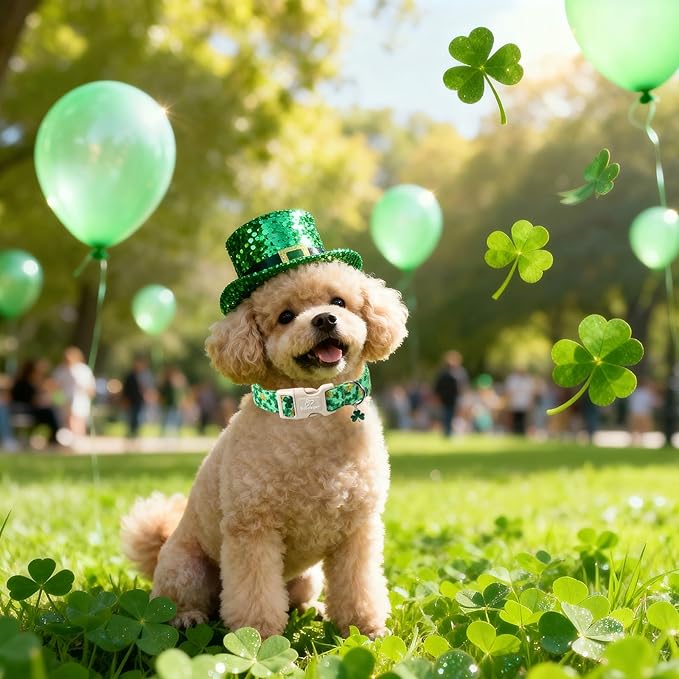 St. Patrick's Day Dog Collar for Medium Dogs - Green Shamrock & Yellow Flower Print Dog Collars, Cute Irish Party Puppy Collar, Lightweight Adjustable St. Patricks Day Pet Collars M