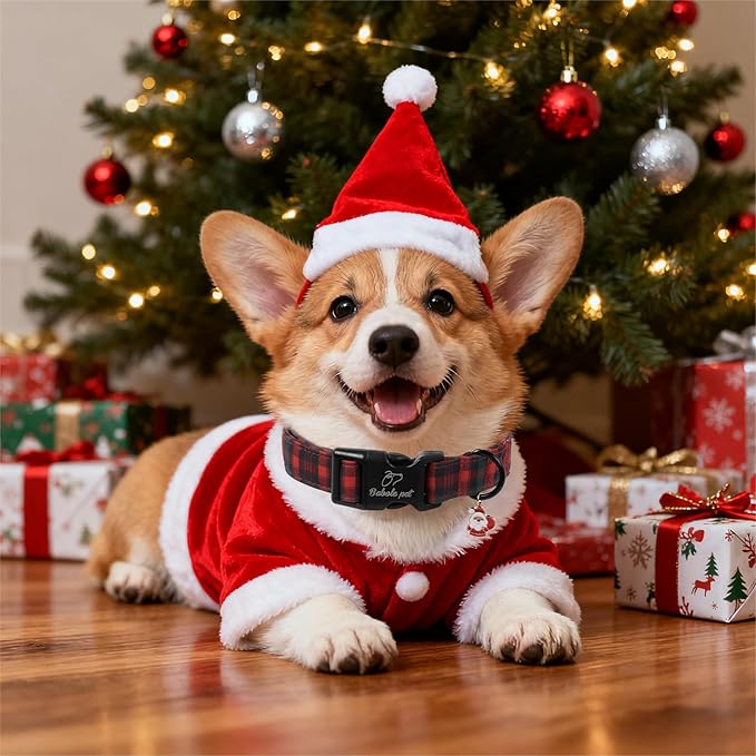 Christmas Dog Collar for Medium Dogs - Vintage Red Green Tartan Christmas Collars for Dogs, Soft Adjustable Winter Holiday Dog Collars with Quick Release Buckle M
