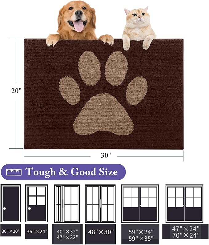 Buganda Dog Door Mat for Muddy Paws, Absorbent Dirt Trapper Non Slip Indoor Doormats, Washable Low-Profile Mat for Mud Dogs, Entryway Carpet for Inside Floor (59x35 Inches, Brown)