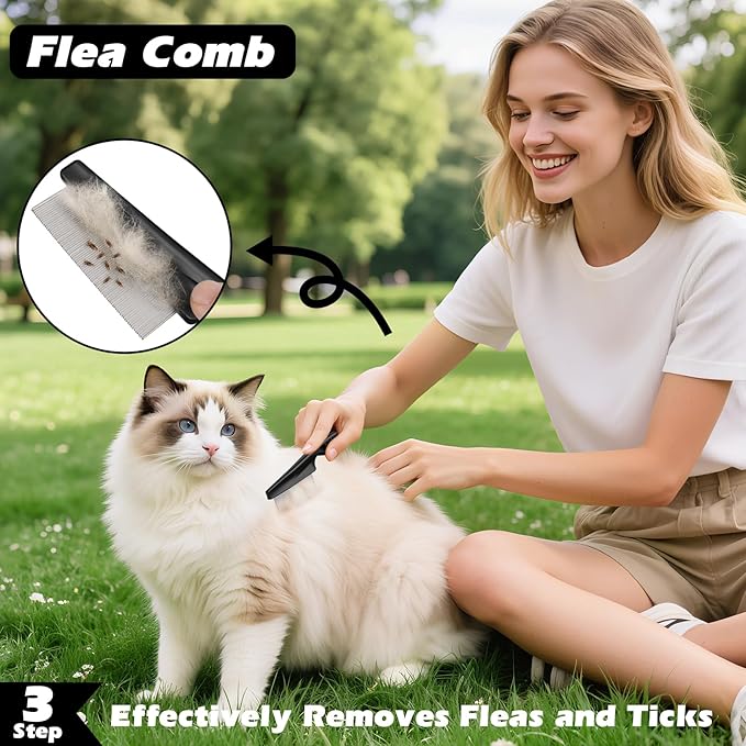 3PCS Self Cleaning Slicker Brush & Pet Grooming Rake & Flea Comb for Dogs,Cats and Horses | Double-Sided Dematting Comb & Skin Friendly Deshedding Grooming Tool (J-Green Black)