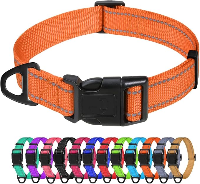TagME Reflective Nylon Dog Collars, Adjustable Classic Pet Collar with Quick Release Buckle for Small Dogs, Orange, 5/8" Width