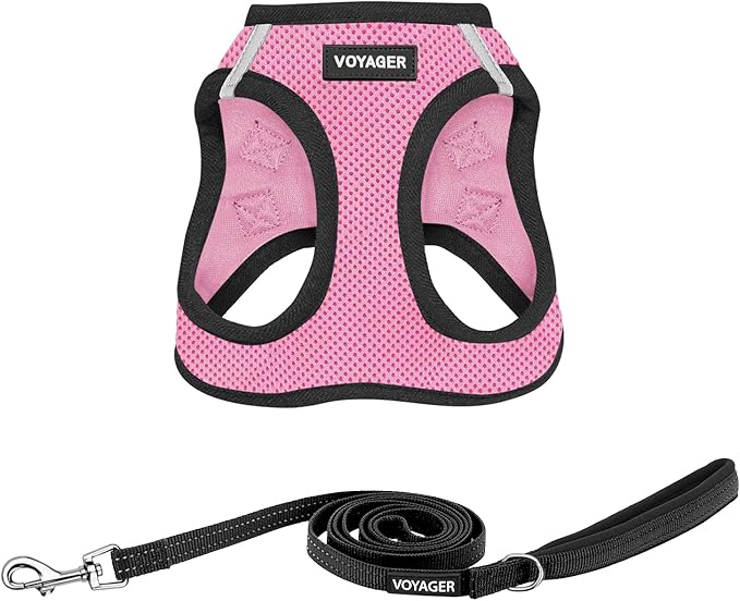 Best Pet Supplies Voyager Step-in Air All Weather Mesh Harness and Reflective Dog 5 ft Leash Combo with Neoprene Handle, for Small, Medium and Large Breed Puppies - 1Pink Base, XL