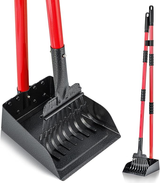 MXF Pooper Scooper, Dog Pooper Scooper Long Handle Stainless Metal Tray and Rake Set for Medium Small Dogs Heavy Duty - Use on Grass, Dirt or Gravel - Red
