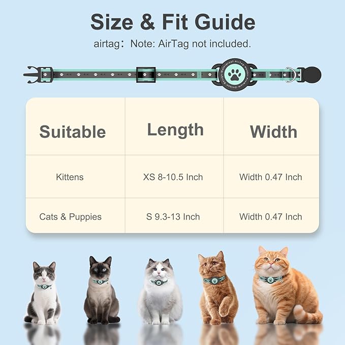 Airtag Cat Collar Breakaway, Reflective Cat Collar with AirTag Holder and Bell, Compatible with Apple Air Tag, Comfortable Padding, Adjustable, Durable (Turquoise, XS)