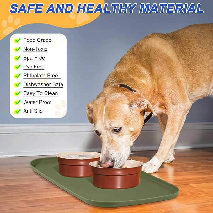 Silicone Pet Feeding Mat with Raised Edge for Food and Water, Dog Bowl Mats, Cat Bowls Placemat with High Lip for Floor Waterproof, Rubber Tray for Cats and Dogs 22 x 14 x0.8 Light Olive Green