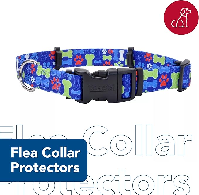 Coastal Pet SecureAway Collar Protector for Flea Collars - Adjustable pet Accessory - Protective Flea Collar for Dogs & Puppy - Multi Bones, 5/8" x 8-12"