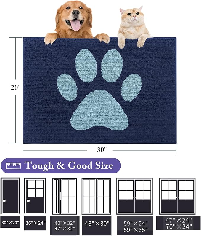 Buganda Dog Door Mat for Muddy Paws, Absorbent Dirt Trapper Non Slip Indoor Doormats, Washable Low-Profile Mat for Mud Dogs, Entryway Carpet for Inside Floor (48x30 Inches, Dark Blue)