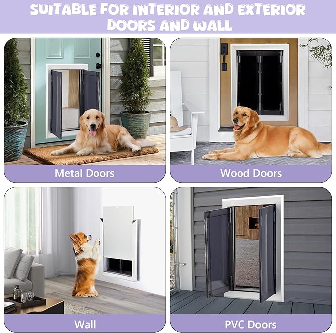 Sliver Pet Door with Panels, Aluminum Dog Door with Automatic Closing Magnetic Flaps, Large Doggie Door, Slide-in Panel & 4 Security Locks, Suitable for Doors, Screen and Wall
