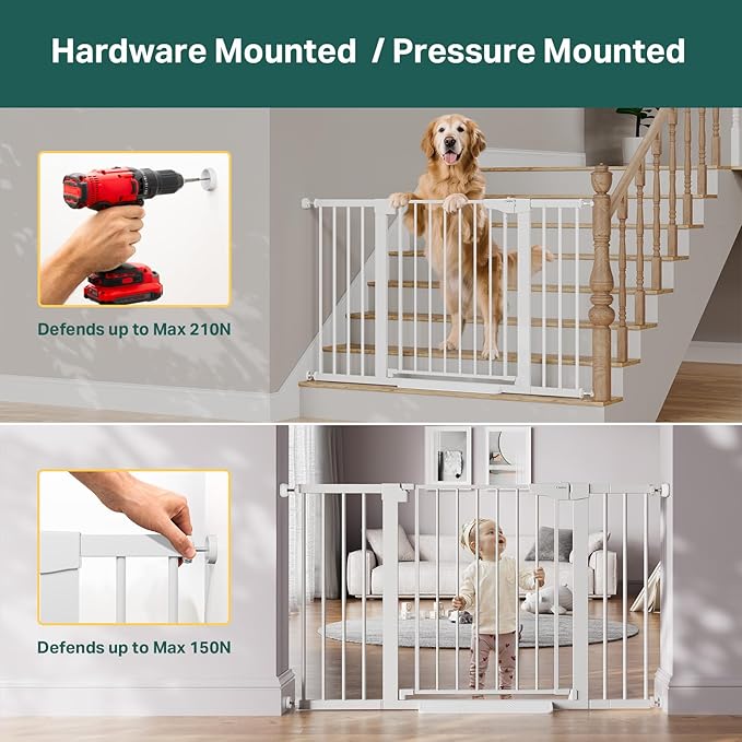 Cumbor 29.7"–51.5" Extra Wide Baby Gate for Stairs, Pressure-Mounted Dog Gates for Doorways & Hallways, Auto-Close Walk-Through, No-Trip Design, Child Proof Safety, Dog/Pet Gate for Indoor Use, White