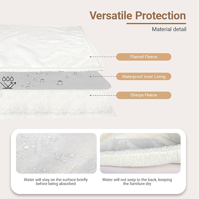Waterproof Dog Blanket for Large Dogs - Reversible Washable Pet Blanket, Soft Sherpa Fleece Furniture Protector, Cat Throw Bed Couch, Cream, 60"x80"
