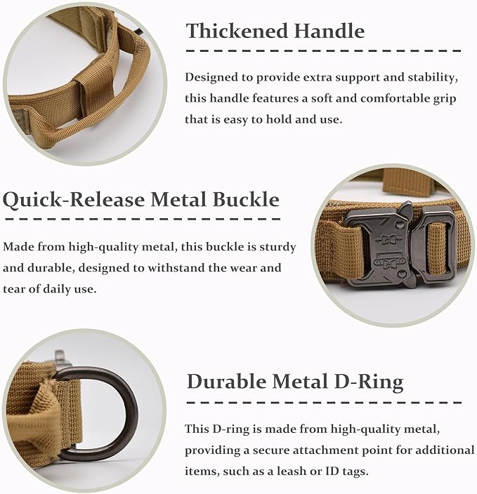 Tactical Dog Collar, Adjustable Military Training Nylon Dog Collar with Control Handle and Heavy Quick-Release Metal Buckle for Small Medium Large Dogs, Brown XL
