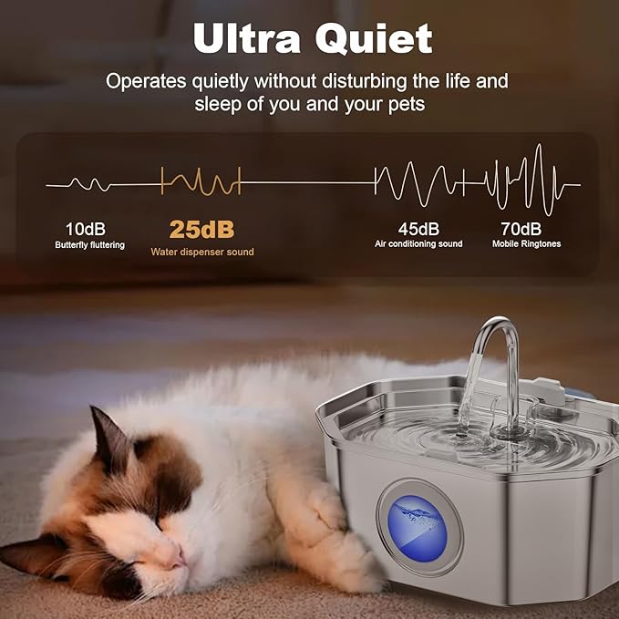 Cat Water Fountain Stainless Steel 108oz/3.2L, APAUK Automatic Pet Fountain Dog Water Dispenser with Water Level Window, Quiet Cat Fountain for Drinking, Inside with Replacement(4 Filters&4 Sponges)