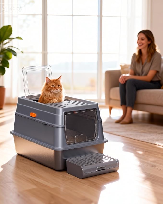 Cat Litter Box - Stainless Steel Litter Box with Lid for Kitty, Metal Base Enclosed Cat Box with Litter Scoop, Elevated Step Box, Activated-Carbon Pack, 17.1" x 13.2" x 15", Grey
