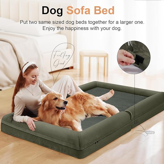 Large Dog Bed Orthopedic Washable: Beds Bolster XL Bed Large Big Dogs Egg Crate Foam Couch Sofa Waterproof with Removable Cover - Dark Green