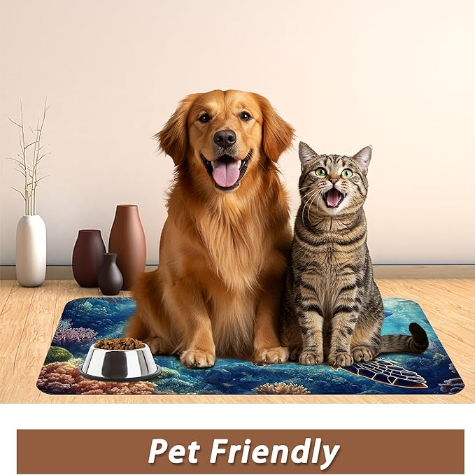 Turtle Dog Cat Food Mat,Coral Fish Absorbent Pet Feeding Mat for Food and Water,Non-Slip Dog Bowl Mats Floor Protector 12"x20"