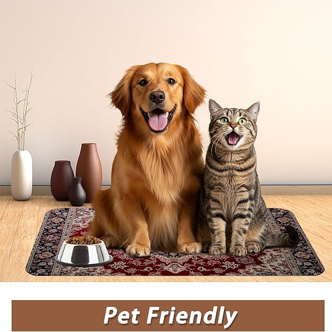 Vintage Carpet Boho Pet Feeding Mat,Absorbent Quick-Dry Cat Dog Food and Water Bowl Mats,Non-Slip Rubber Backing Mat,Cat Dog Accessories Supplies 16"x24"