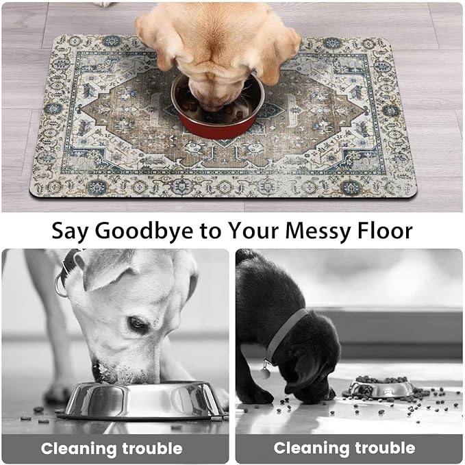 Dog Food Mats for Floors, Absorbent and Quick-Drying Pet Cat Food Mat,Anti-Fouling and Easy-to-Clean Pet Feeding Mat,Dog Bowl Mat for Messy Drinking Water Bowls.17 x27, Bohemia Style