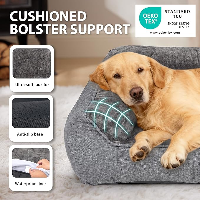Orthopedic Dog Bed for Large Dogs - Extra Thick Supportive Dog Couch Bed, Pet Beds Sofa with Waterproof Washable Cover & Non-Slip Bottom, Grey, 38x28 Inch
