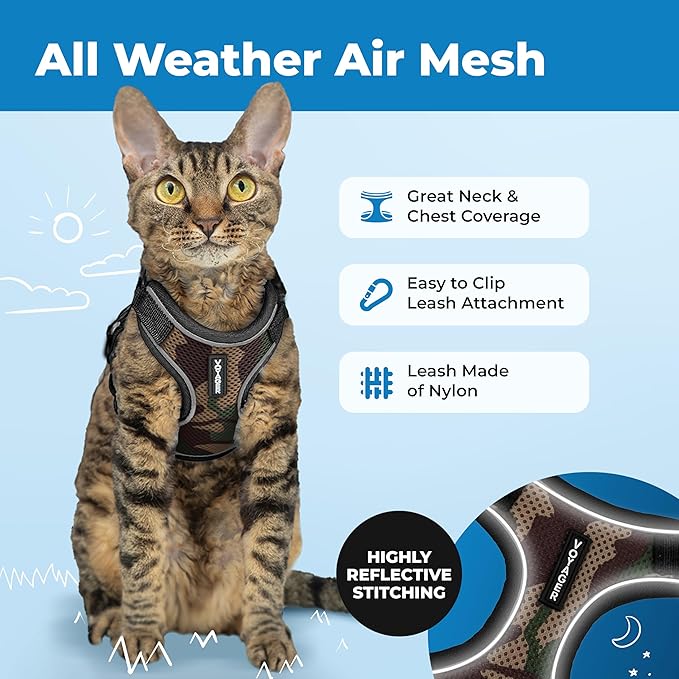 Voyager Escape-Proof Step-in Lock Cat Harness & 5ft Neoprene-Handle Leash Set All-Weather Mesh with Reflective Stitching for Small to Large Cats by Best Pet Supplies, Army (327), M