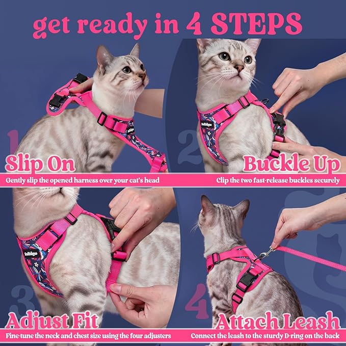 rabbitgoo Cat Harness and Leash for Walking, Escape Proof Soft Adjustable Vest Harnesses for Cats, Easy Control Breathable Reflective Strips Jacket, Coconut Fuchsia,M