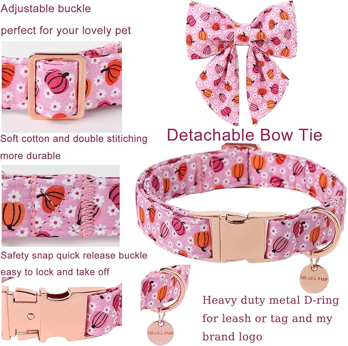 Halloween Pumpkin Dog Collar with Bow Tie, Pink Halloween Puppy Bowtie Collar with Adjustable Metal Buckle,Fancy Dog Collar Bowtie for Girl Boy Dog,L