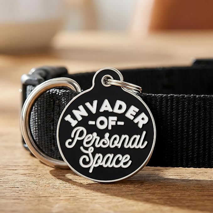 Bad Tags Personalized Dog and Cat ID Tags in 25+ Designs and 2 Sizes - 5 Lines of Custom Engraved Text - Funny Cute Personalized Pet Tags (Invader of Personal Space - Black, Large (1.25 inch))