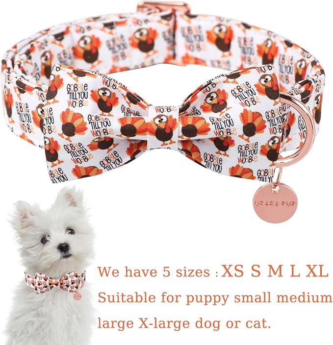 Thanksgiving Dog Collar with Bow Tie, Turkey Cotton Bowtie Collar for Puppy Girl Dog or Cat, Autumn Bow Tie Collar with Durable Metal Buckle, Turkeys Pet Collar, L, Neck 16-24in