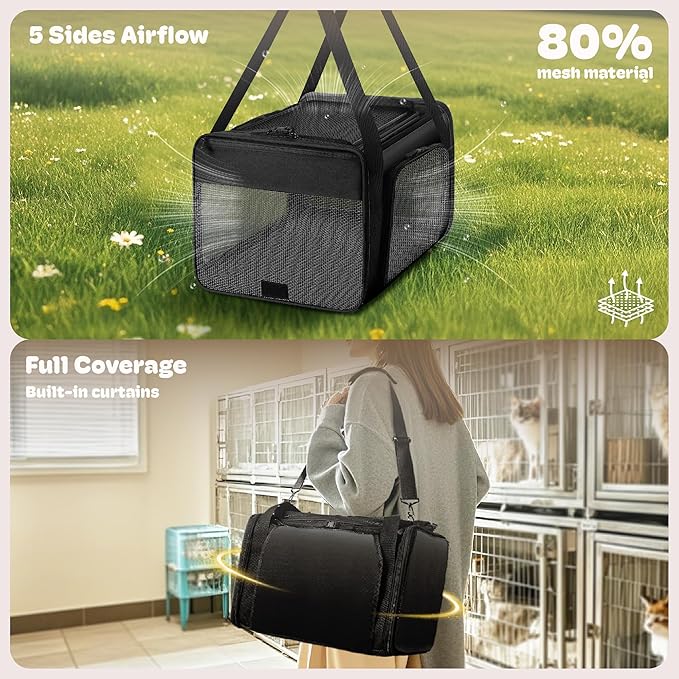 Top and 2 Sides Expandable Cat Carrier 17x11x11, TSA Airline Approved Dog Carriers for Medium Dogs, Soft-Sided Pet Carrier with Self-Locking Zippers for Kitten,Rabbit, Puppy, Guinea Pig Black