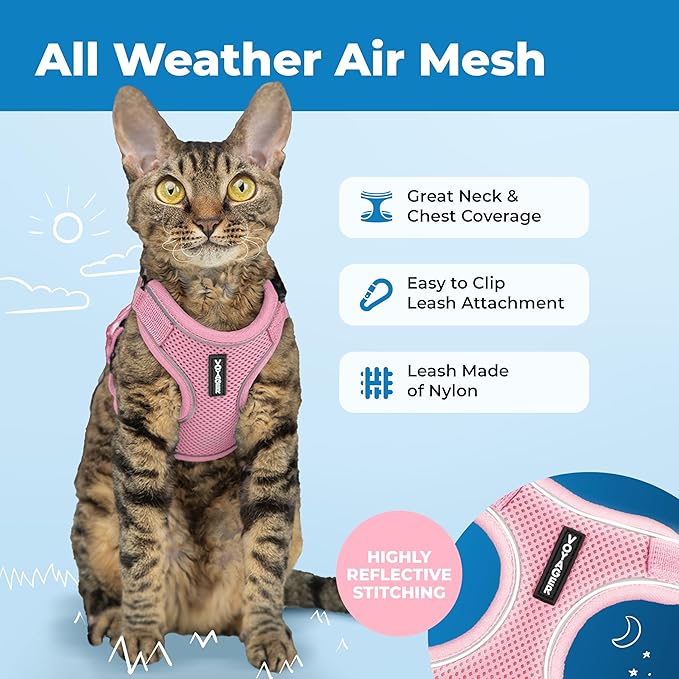 Voyager Escape-Proof Step-in Lock Cat Harness & 5ft Neoprene-Handle Leash Set All-Weather Mesh with Reflective Stitching for Small to Large Cats by Best Pet Supplies, Pink (327), XXS
