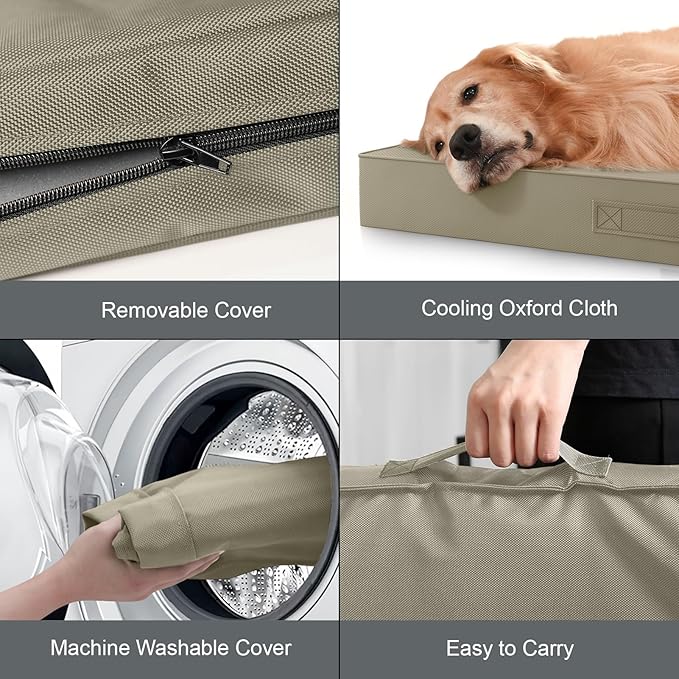 Outdoor All Weather XL Dog Bed, Waterproof Pet Bed for Extra Large Dogs, Orthopedic Egg Crate Foam with Removable Washable Oxford Cooling Cover, 44x32 Inch, Khaki