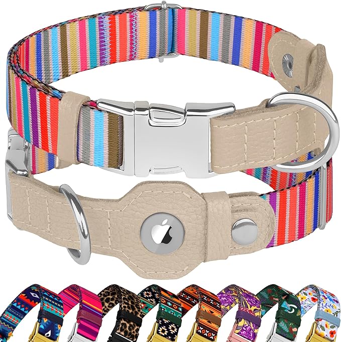 AirTag Dog Collar for Small Medium Large Breed - Adjustable Cute Pattern Dog Collar with Airtag Holder - Soft Leather Tracker GPS Apple Air Tag Pet Collars (Medium, 14"-18" Neck Fit, Serape)