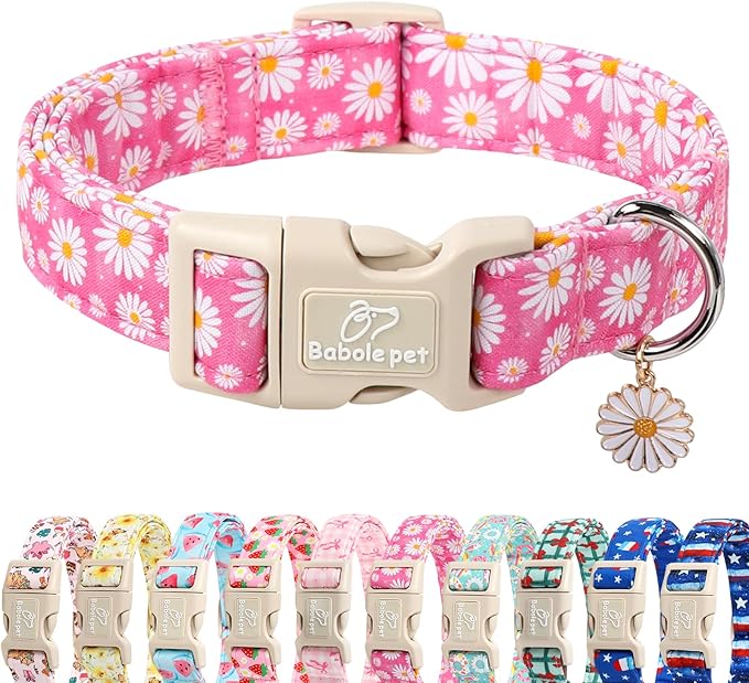 Summer Daisy Dog Collar, Cute Floral Adjustable Pink Dog Collars for Medium Dogs, Lightweight Quick-Release Buckle Collar for Boy&Girl Dogs M