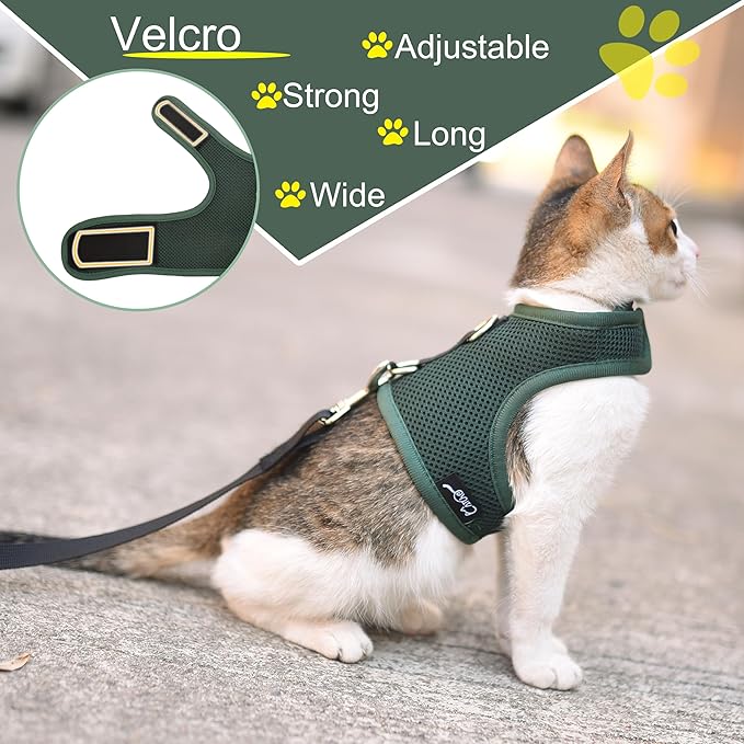 Cat Harness and Leash for Walking Escape Proof Breathable Mesh Fabric, Solid Green, Extra Large, Adjustable Cat Walking Jackets, Padded Stylish Cat Vest