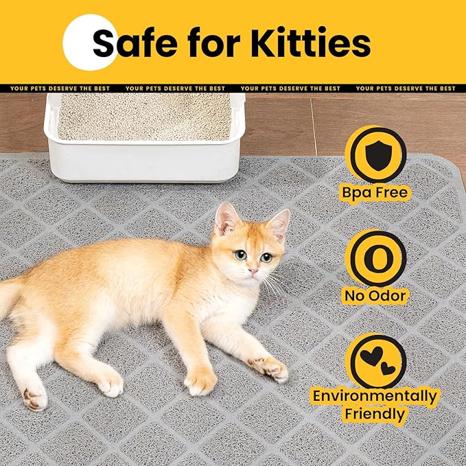 Cat Litter Mat Litter Trapping Mat, 35" x 23" Premium Durable PVC Grid Mesh with Scatter Control, Non-Slip, Less Waste Cat Litter Box Mat, Grey 2 Pack