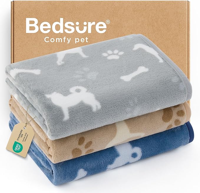 Bedsure 1 Pack 3 Pet Blankets, Super Soft Fluffy Premium Fleece Flannel Portable Throw Dog Blankets for Small Dogs, Printed Cat Puppy Blanket Grey/Brown/Blue Medium(30x40 inch)