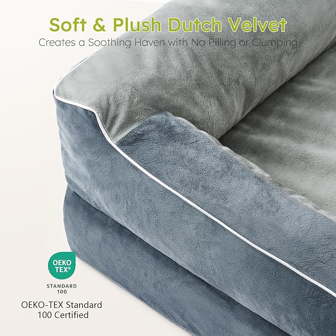 Dog Beds for Large Dogs, Orthopedic Dog Bed with Cooling Gel Memory Foam, Waterproof Large Pet Bed with Removable Washable Cover, 36" Pet Sofa Couch Dutch Velvet with Bone Toy, Dark Gray