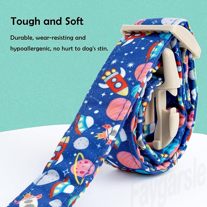 Faygarsle Space Theme Dog Collar, Navy Blue with Rockets and Planets Pattern for Summer Small Medium Large Dogs L