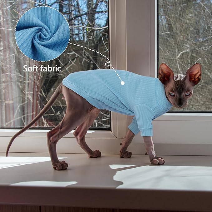 PUMYPOREITY Cat Clothes, Stretchy Cat Shirt, Cat Sweater with Sleeves, Sphynx Cat Clothes, Soft Cat Shirts for Cats Only, Pullover Cat Pajama for Sphynx Hairless Cat, Devon Rex, Blue, L