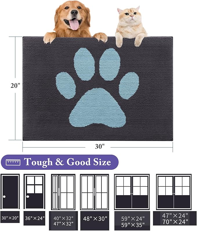 Buganda Dog Door Mat for Muddy Paws, Absorbent Dirt Trapper Non Slip Indoor Doormats, Washable Low-Profile Mat for Mud Dogs, Entryway Carpet for Inside Floor (36x24 Inches, Dark Grey and Blue)